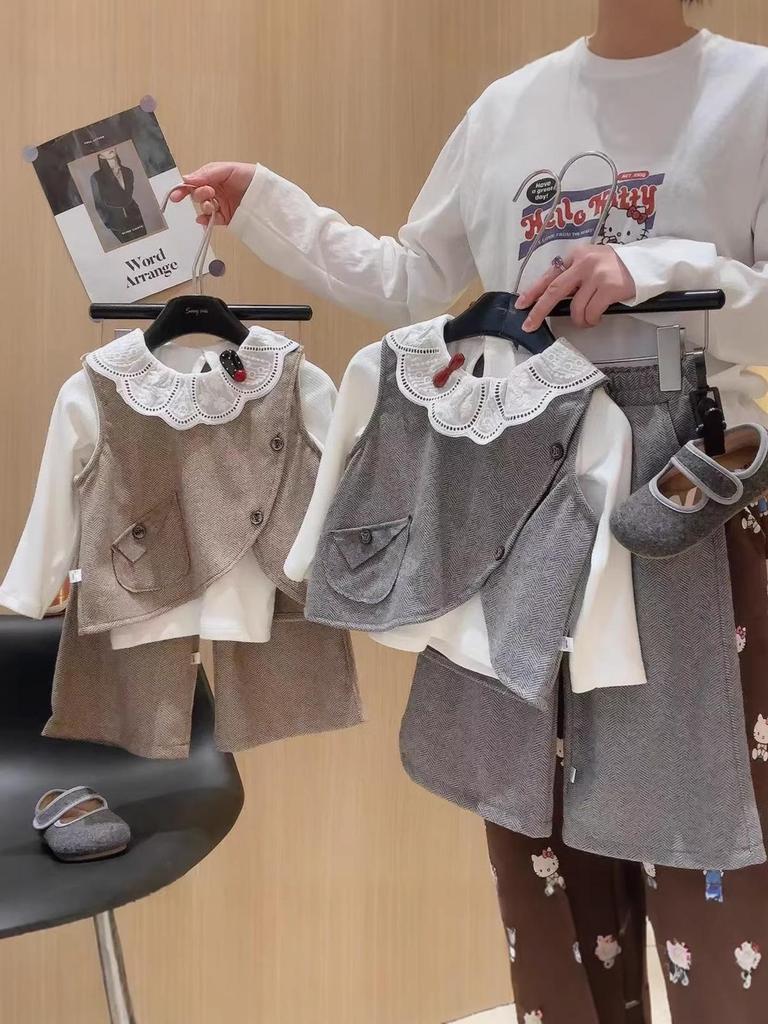 Girl's Korean Chic Tweed Vest Three-Piece Set for Spring/Autumn 2026
