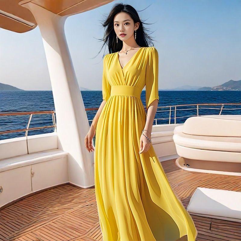 Elegant Yellow V-Neck Mid-Sleeve Beach Dress 2XL жёлтый