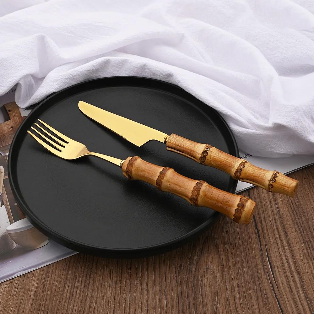 24Pcs Bamboo Cutlery Sets Stainless Steel Dinnerware Sets Gold Wooden Tableware Western Food Knife Fork Teaspoon Cutleries