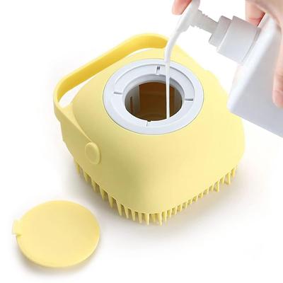 Pet Grooming Bath Massage Brush with Soap and Shampoo Dispenser Soft Silicone Bristle for Long Short Haired Dogs and Cats Shower