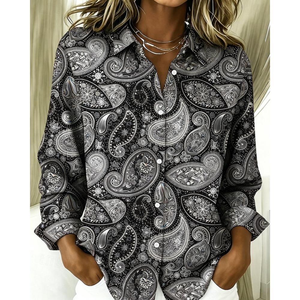 Women's Long Sleeve Paisley Print Button Down Casual Shirt Elegant Daily Blouse Tops In Blue for Spring Summer