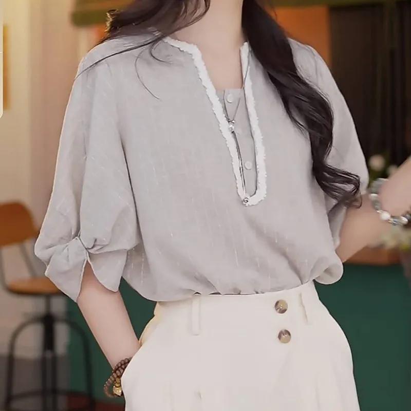 Women s V-Neck Lace Trim Linen Blouse Puff Sleeve Knot Cuff Casual Summer Top Loose Fit Striped Shirt L светло-серый