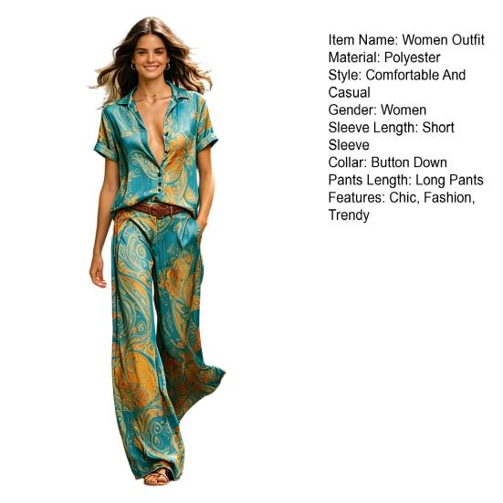 2-teilige Sets für Damen, Lässiges kurzärmeliges Hemd mit Knöpfen und Wide-Leg-Hosen-Kombinationen, Sommerliche bedruckte Urlaubs-Outfits