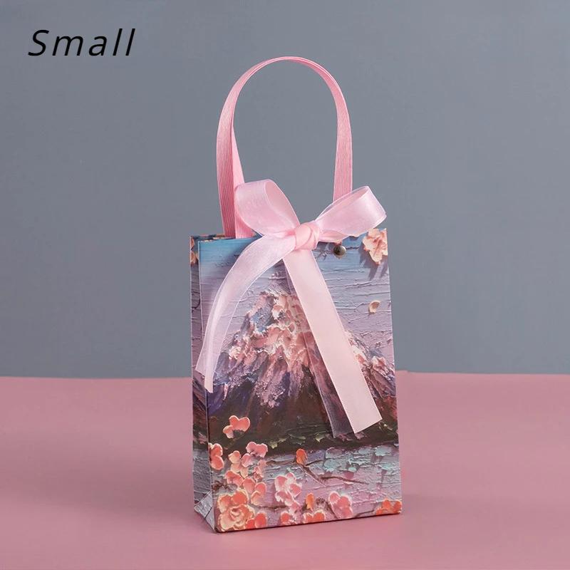 Snow Mountain Cherry Blossom Gift Bag, Exquisite Cosmetics Handbag, Bow Packaging Shopping Bag Other