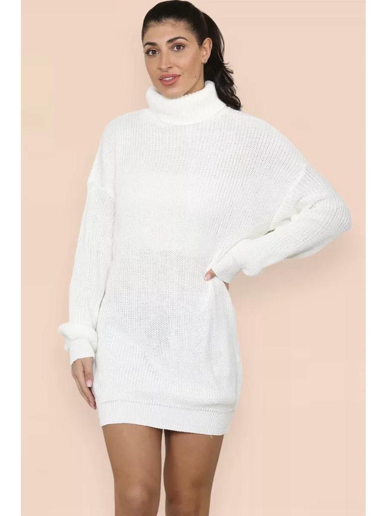 Women's Knitted Turn-Down Collar Sweater Dress - Loose Mid-Length Solid Color Pullover