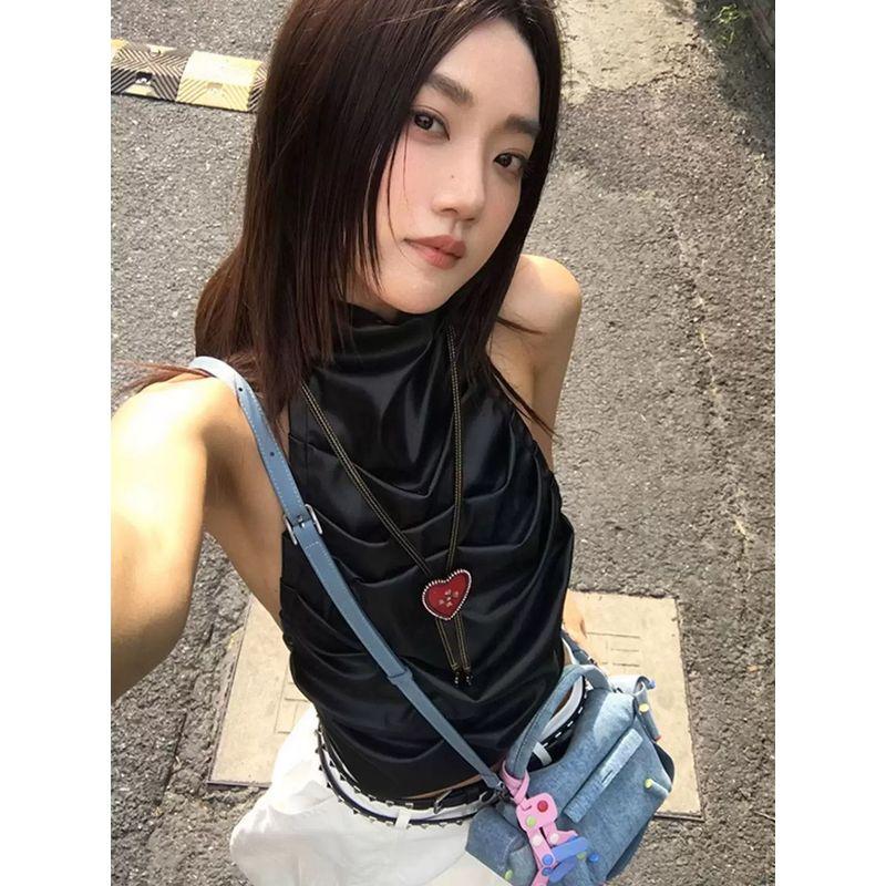 # Sisjuly# European and American High Street Cool Girl Leather Pretty Girl Irregular Fold Design Backless Cami Women Tide