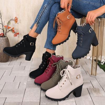 Botas de Cano Curto Redondas de Largura Extra para Mulheres - Botas Martin de Salto Alto com Cadarço para Outono/Inverno, Botas Casuais da Moda