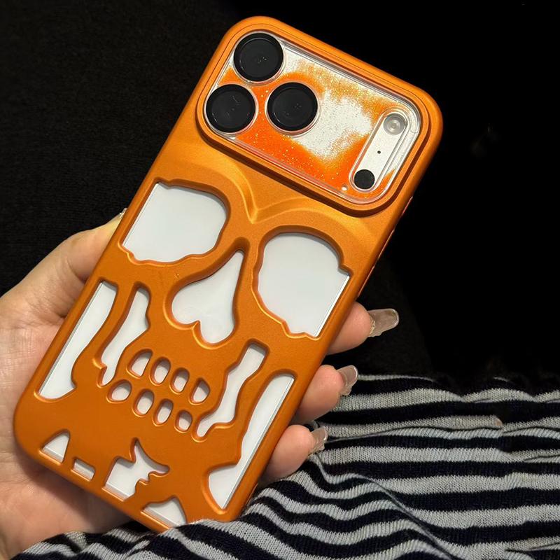 Ins Hollow Out Skeleton Skull Matte Orange Phone Case For For Iphone 17 Pro Max Plating Orange Protective Back Cover
