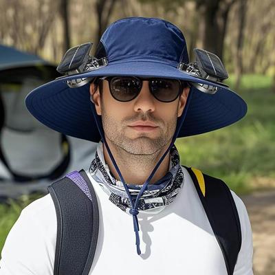 Solar Fan Hat UPF 50+ UV Protection Hat with 2 Solar Fans USB Rechargeable Breathable Men Women Summer Outdoor Activities Fishing Wide Brim Bucket Cap