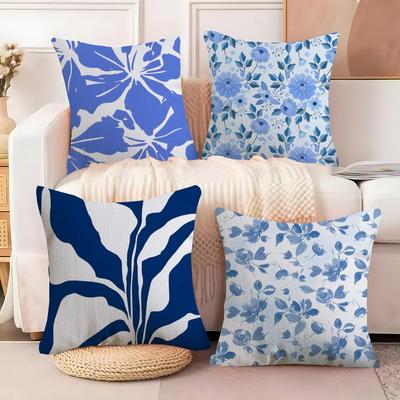 Simple Elegant Artistic Blue Floral Pillow Case DoubleSided Printing Short Plush Sofa Cushion Cover Bedroom Bedside Pillow