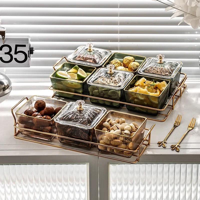 Transparent Square Dessert Jar Dish Grid Dried Fruit Salad Plate Snack Dishes Food Storage Preserved Tray Box Lid Bowl Tableware