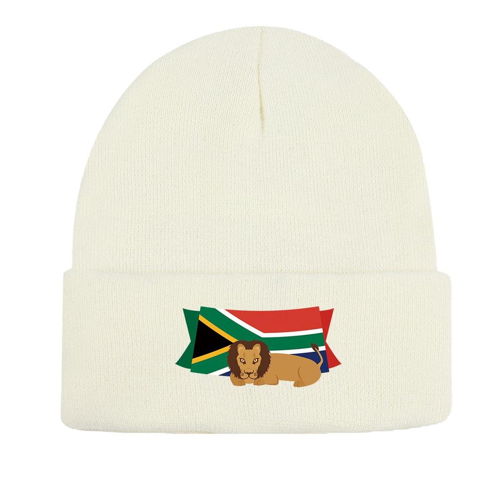 South Africa Flag Lion Warm Knit Cap Beanie, Patriotic Woman Cap Warm Thermal Solid Bonnet Knit Hat Beanie