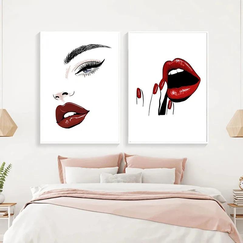 Fashion MakeUp Lipstick Mascara Nail Polish Canvas Painting Beauty Salon Poster Eyelash Red Lips Girl Wall Art Home Decor