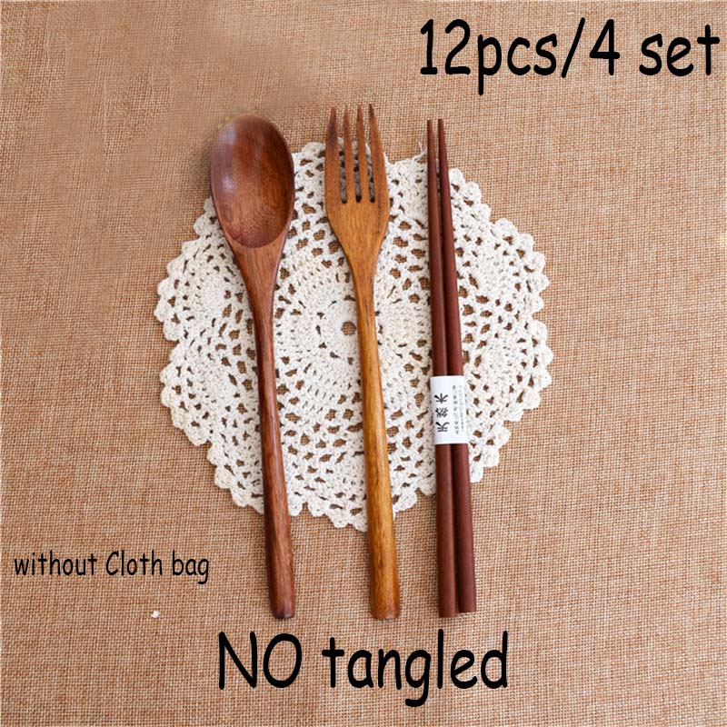 Wood Portable Tableware Wooden Cutlery Sets Travel Dinnerware Suit Environmental with Cloth Pack Gift