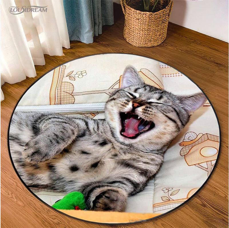 Cute Dog Cat Cartoon Round Area Rug Carpet for Living Room Bedroom Table Kid Play Un-slip Floor Mat Decor Tapete Peludo Alfombra