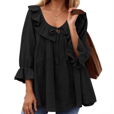 Uma Nova Blusa Solta Elegante de Cor Sólida com Decote em V e Bordas Franzidas