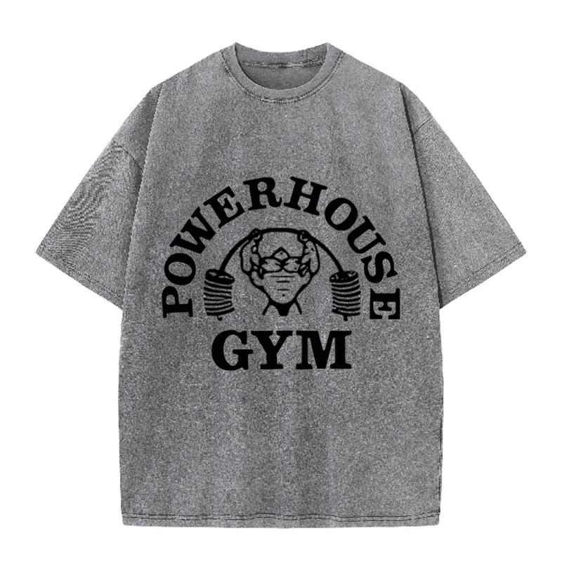 Powerhouse Gym Fitness Print Vintage Washed T Shirt Gym Workout Casual Tee