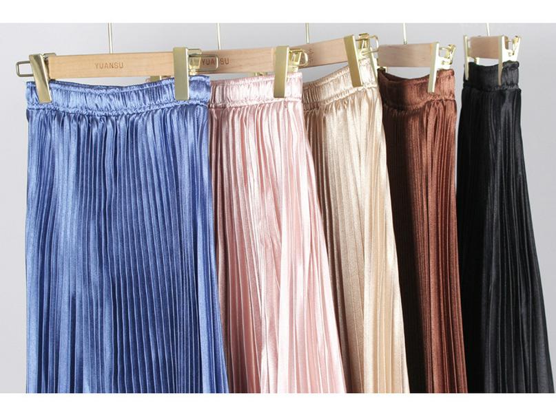Solid Color High Waist Satin Pleated Midi Skirt - Women's New Spring/Summer/Autumn 2023 Collection