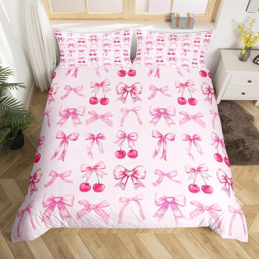 Pink Bow Duvet Cover Set For Kids Adults Girls Dreamy Princess Style Bedding Set Kawaii Bowknot Comforter Cover With Pillowcases