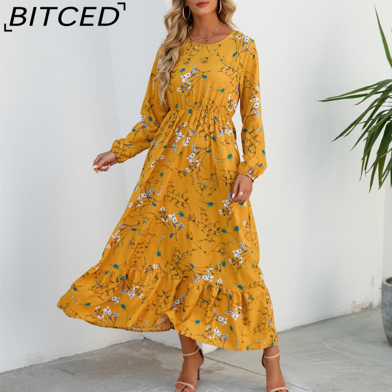 BITCED Spring Summer Bohemian Women Maxi Dress Casual Long Sleeve High Waist Beach Dress Women Floral Chiffon Dresses Vestidoes Mujer New