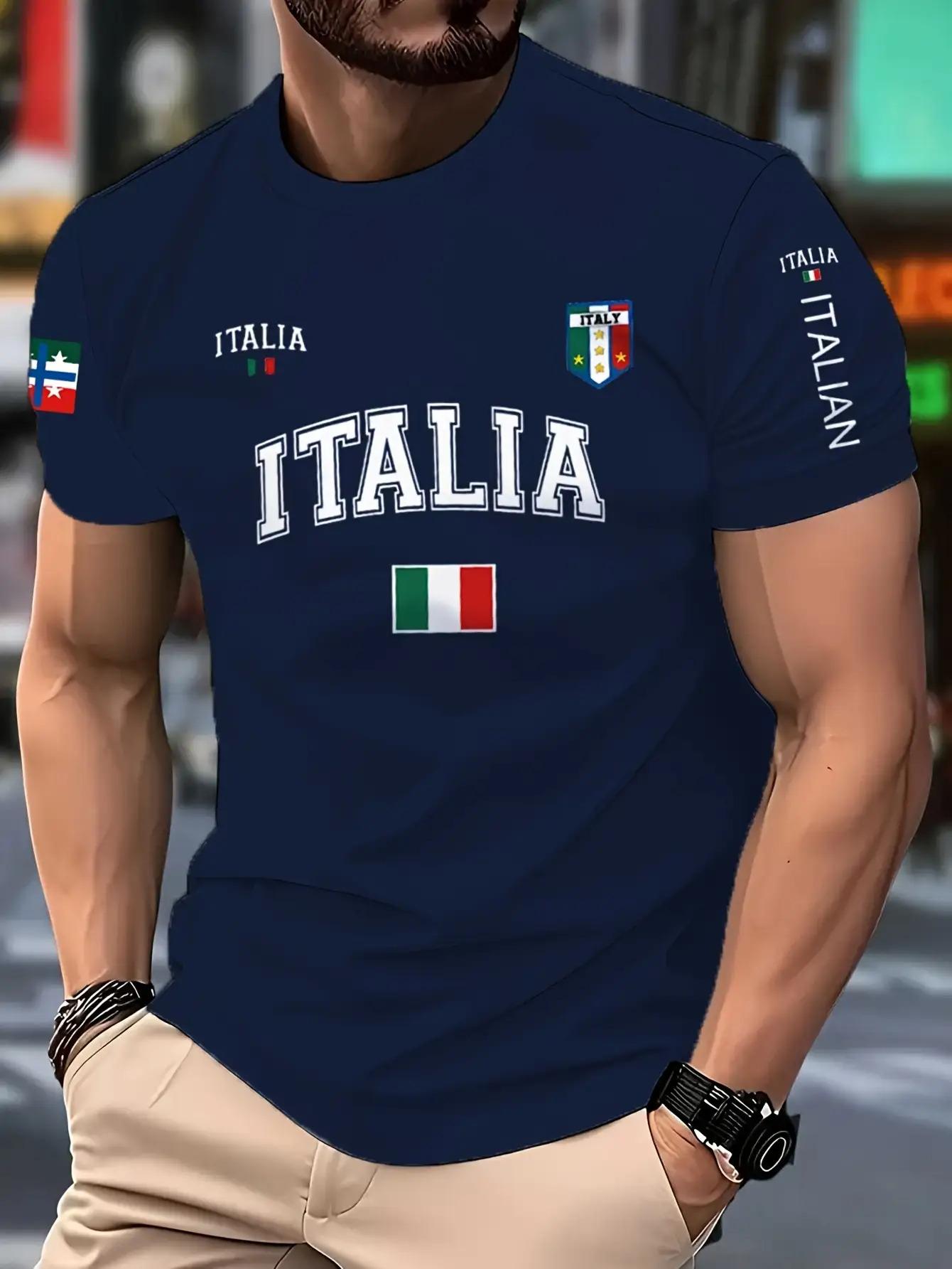 Men s Italian Flag T-shirt Italian-themed Streetwear Letter Print Business Outing Base Short-sleeved Top S темно-синий 890₽