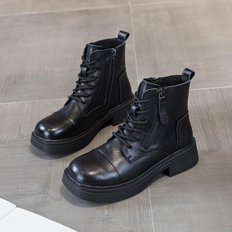 

Женские ботильоны из первого слоя коровьей кожи, новинка осени и зимы 2025 года, ретро-кожа, британский стиль, квадратный носок, женские ботинки Мартин 35