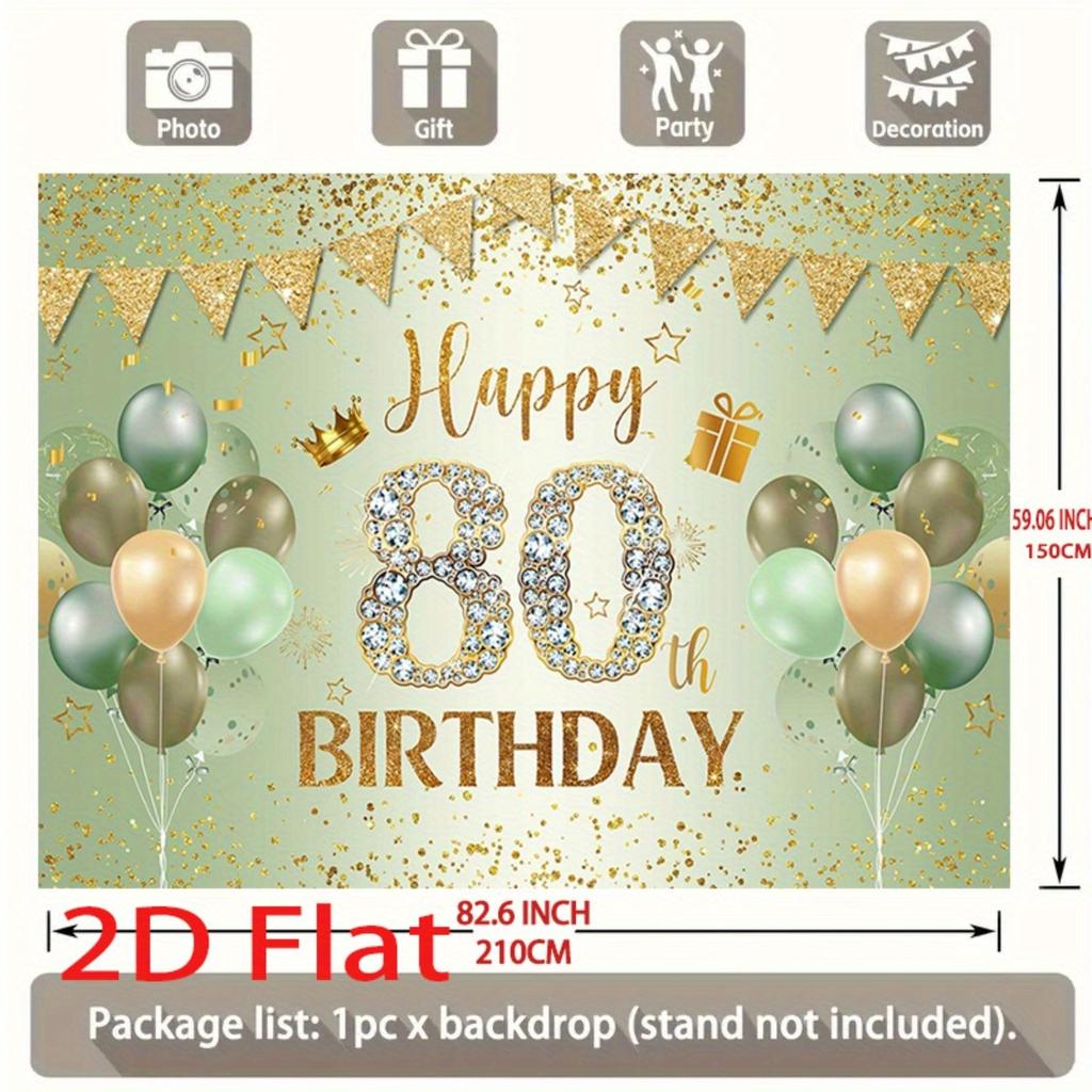 1 Happy 80th birthday background - Scottish green and gold glitter balloons, crown and gift design, polyester 2D decoration