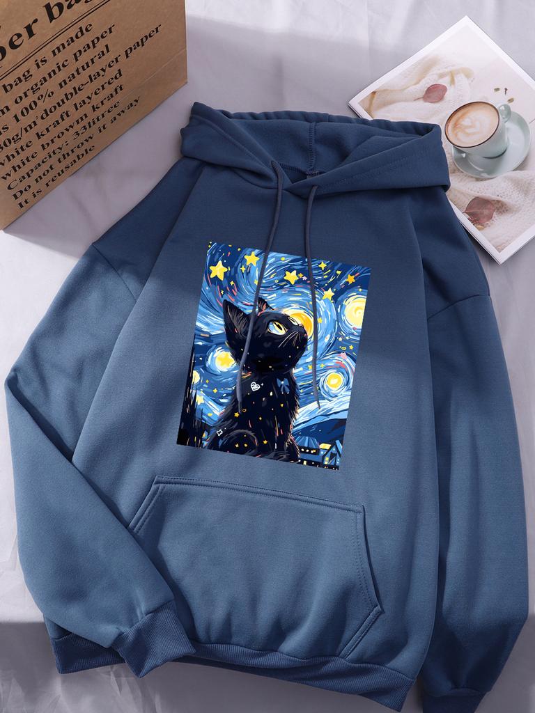 Van Gogh'S Starry Cat Printing Hoodies Women Basics Sporty Hoody Fleece Warm Soft Sweatshirt Casual Pocket Womans Sportswear