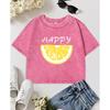 Happy Fruit Lemon Printed Washed Crop T-Shirt Women Summer O-Neck T Shirt Slim Cotton Short Sleeve Soft Casual