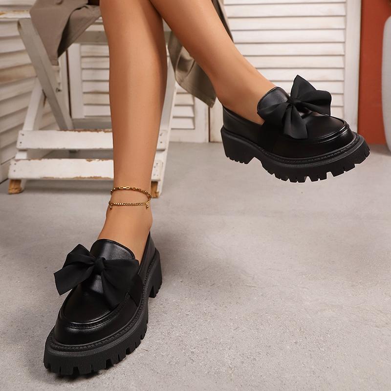 Fashion Bowknot Platform Loafers Women 2025 British Style Thick Bottom Pu Leather Shoes Woman Comfortable Slip On Flats Plus Size 35-42