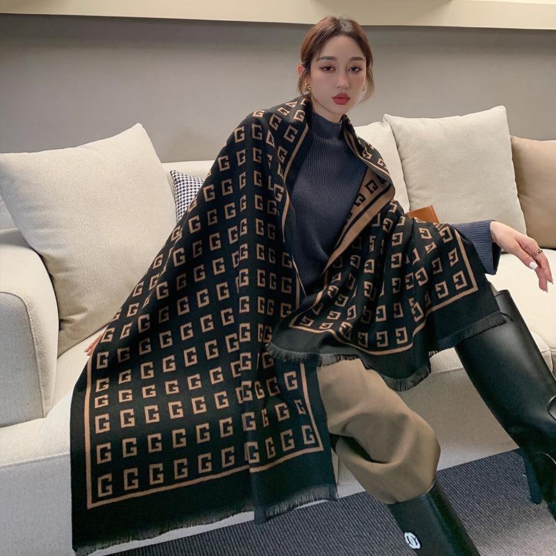 New Autumn and Winter Letter Medium and Long Imitation Cashmere Scarf Retro Women's Scarf Thickened Warm Women's Shawl