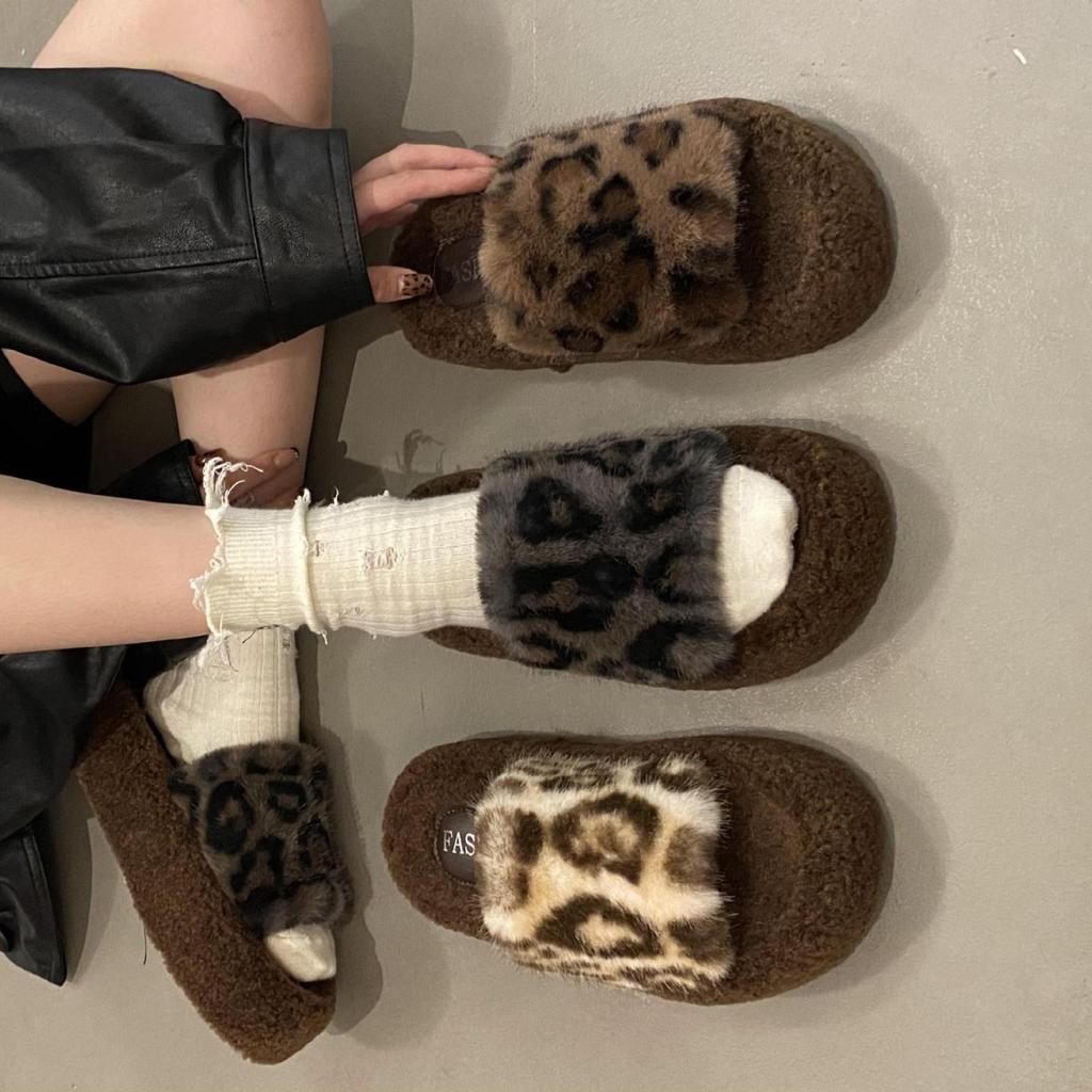 Leopard print thick bottom heightening fluffy slippers women's wear 2025 new autumn and winter fashion home fluffy cotton slippers