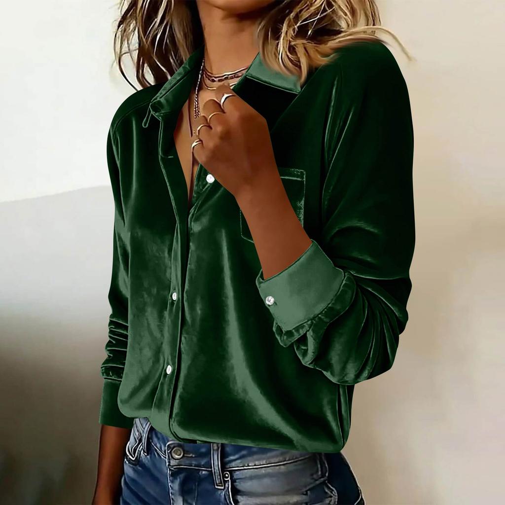 Damen Modisches Lässiges Langärmliges Kragenhemd Top aus Samt Übergröße
