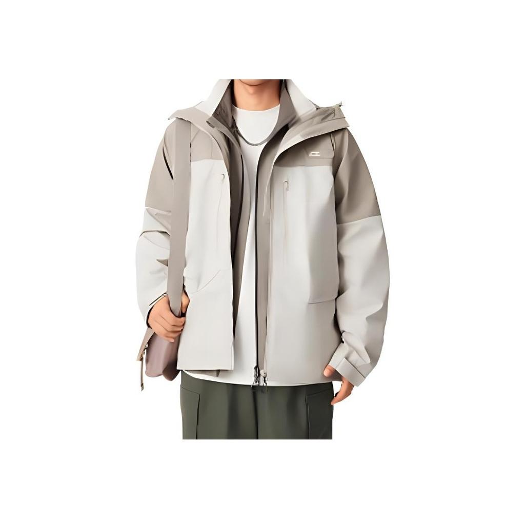 Li-Ning Sports Trend Series Lettered Hooded Fleece Loose Long Sleeve Windbreaker Men Outerwear Oatmeal-Gray AWBU031-1