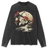 Streetwear Japanese Crane Graphic Washed Black T-Shirt Cotton Unisex Tops Tees Plus Size Long T Shirt