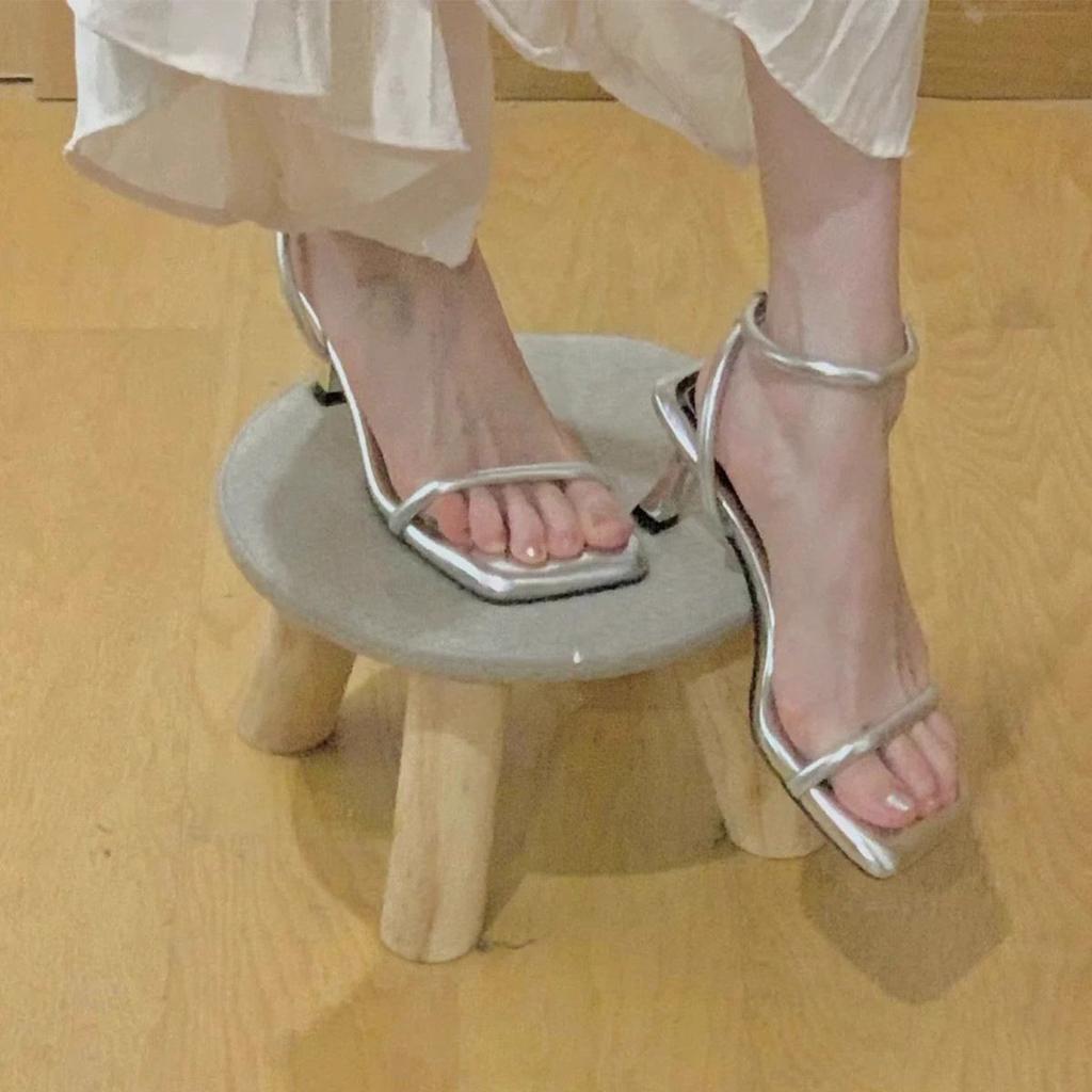 Thin heel square head open toe sexy kitten heel high heels French one-word strap with skirt beautiful sandals new