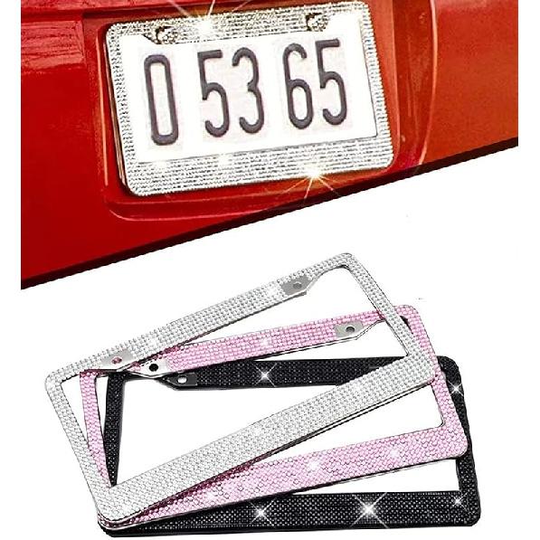 Car License Plate Frame for Women Men 2 Pcs Bling Rhinestone Licence Plate Holder Stainless Steel Covers with Screw Caps Crystal Glitter Tag