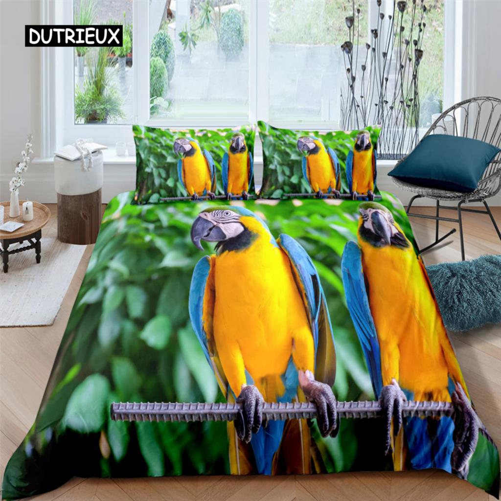 Parrot Duvet Cover Set Black White Stripe Bedding Set Green Plant Palm Leaves Quilt Cover Bird Animal Polyester Comforter Cover