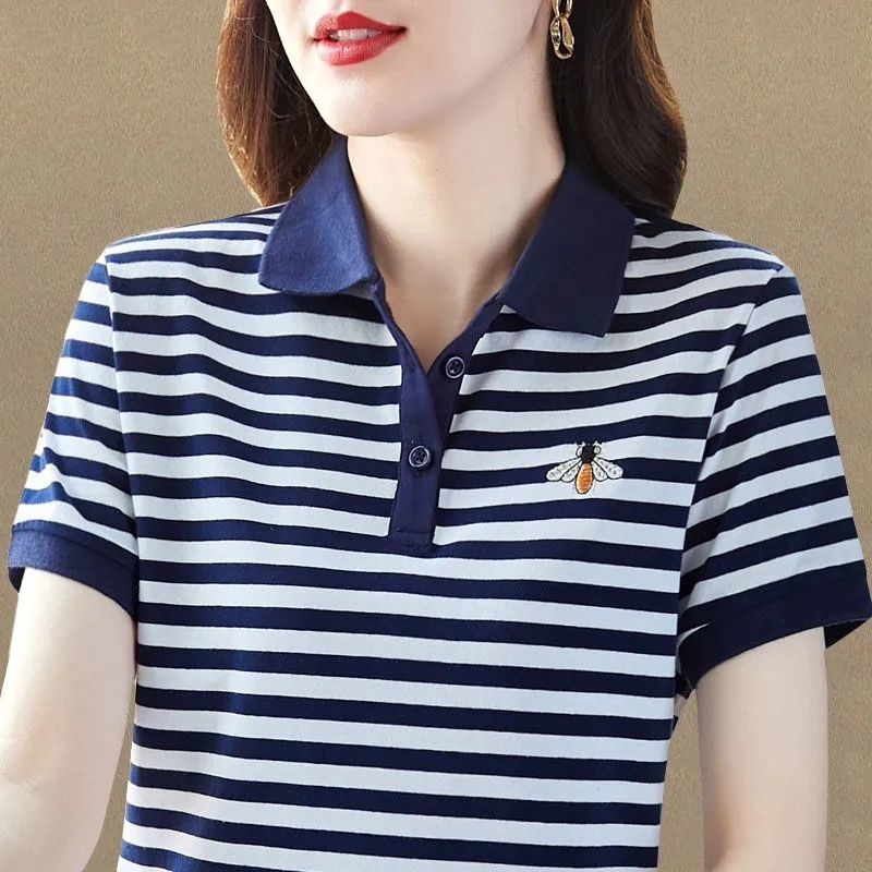 Korean Women Short Sleeve Stripe Polo Shirts Summer New Fashion Pattern Casual T-Shirt All-match Lapel Pullover Big Size Tops