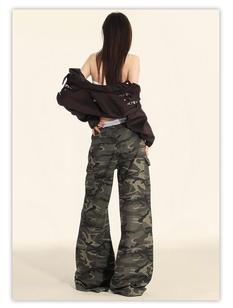 Women's American Camouflage Straight Cargo Pants - 2025 Spring/Autumn Collection, High-Waist Loose Fit Wide Leg.