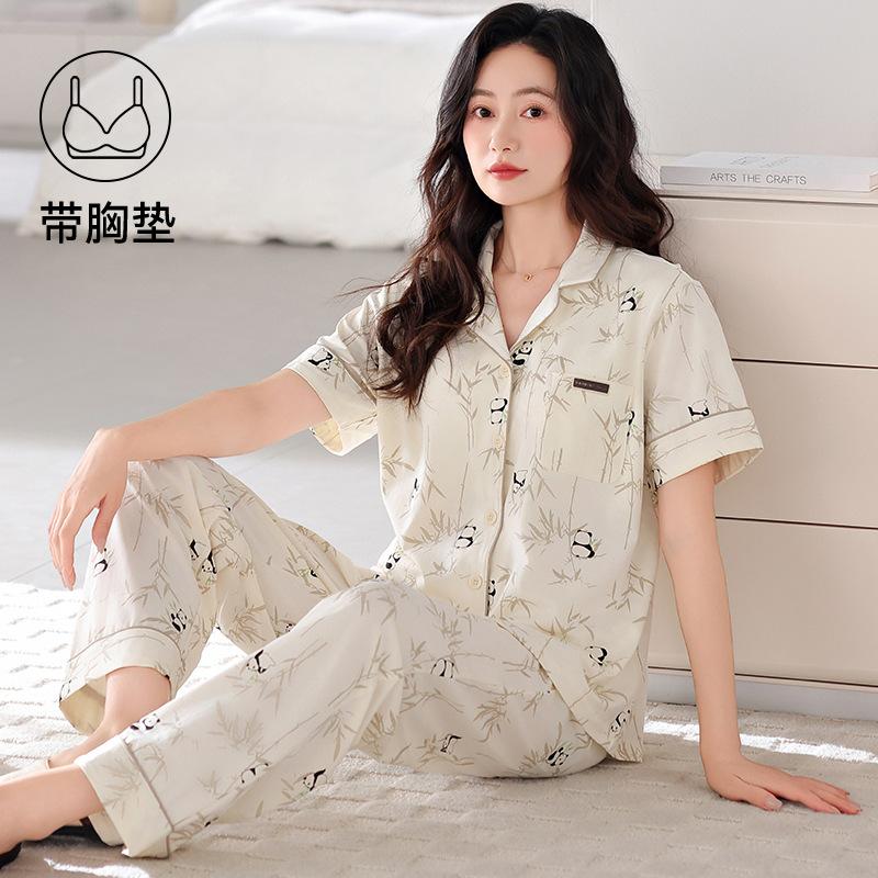 Pajamas with chest pads women's summer thin cotton short-sleeved trousers large size casual relaxation cardigan loungewear set