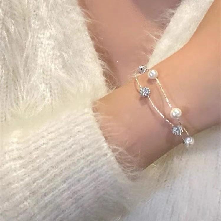 Elegant Silver Doublelayered Pearl Bracelet Chic Minimalist Titanium Steel Jewelry Women For