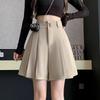 Women's Black High-Waisted A-Line Pleated Culottes - Petite Autumn 2024 Wide-Leg Suit Shorts