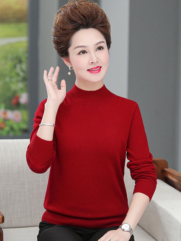 Women's 100% Pure Wool Sweater - Thick, Half High Neck for Middle-aged & Elderly, Autumn/Winter