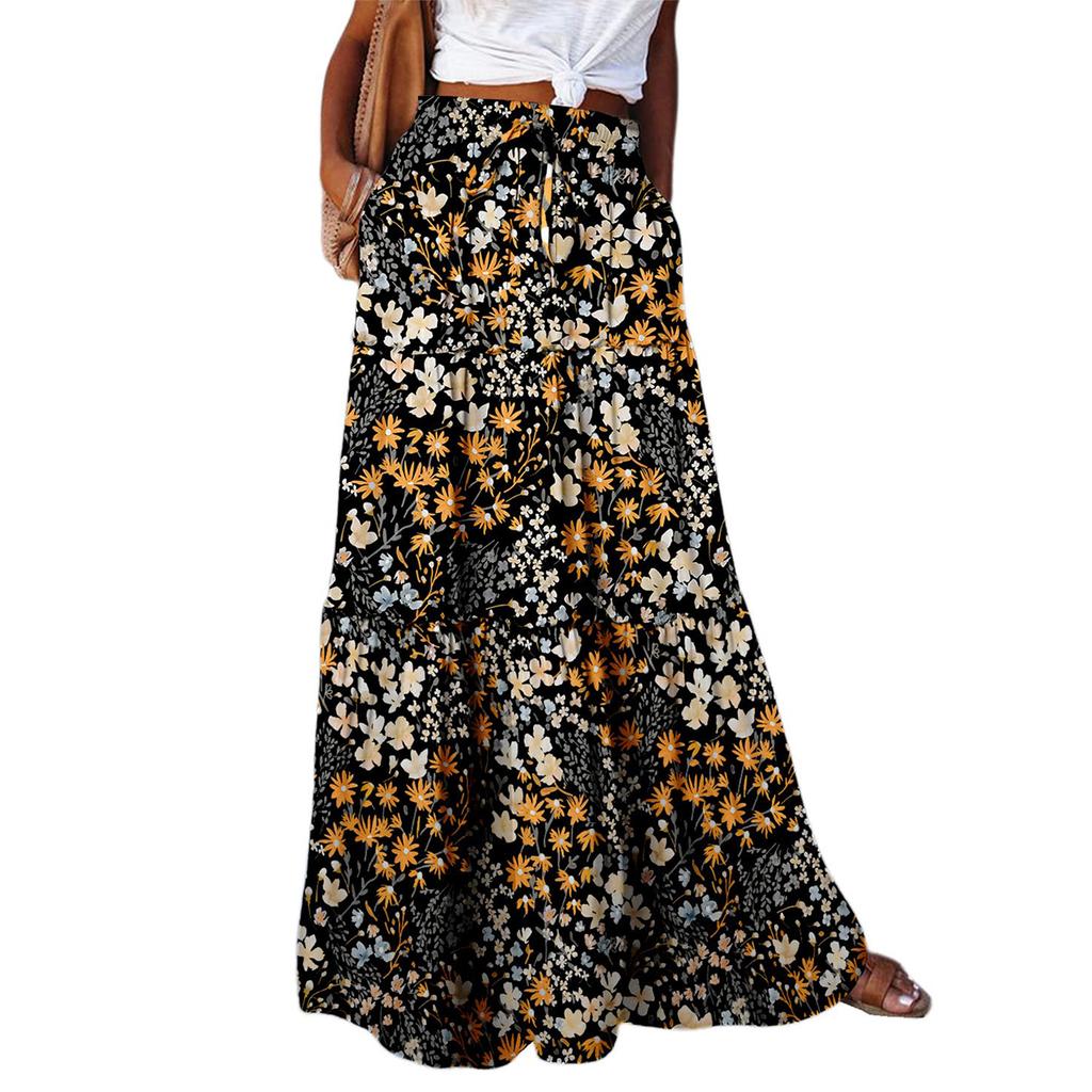 Women's Fashion Bohemian Print Elastic Waist Skirt Loose Casual High Waist Tie Long Skirt