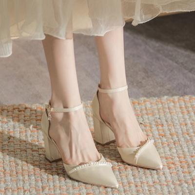 Mode Perle Ein-Schnallen High Heels Damen Französischer Satin Spitzschuh Flacher Blockabsatz Rutschfest Quadratischer Absatz Einzel