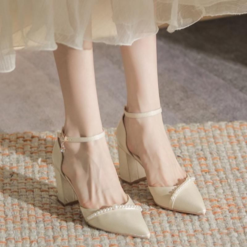 Fashion Pearl One Buckle High Heels Women's French Satin Pointed Toe Shallow Block Heel Non-Slip Square Heel Single