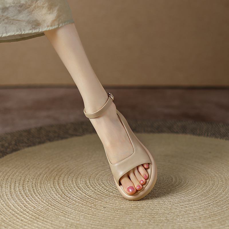 Krazing Pot Microfibră Peep Toe Tocuri joase Vară Platformă Plată Glezna Cataramă Femei Sandale de agrement