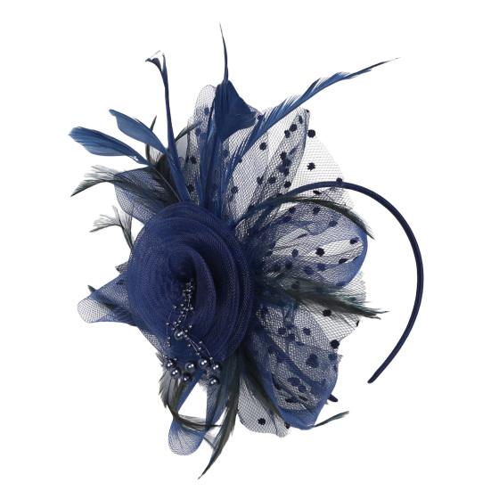 

Imitation Pearls Decor Sweet Fascinator Hat with Headband Faux Feather Flower Mesh Shape Party Headgear Photograph Props темно-синього кольору