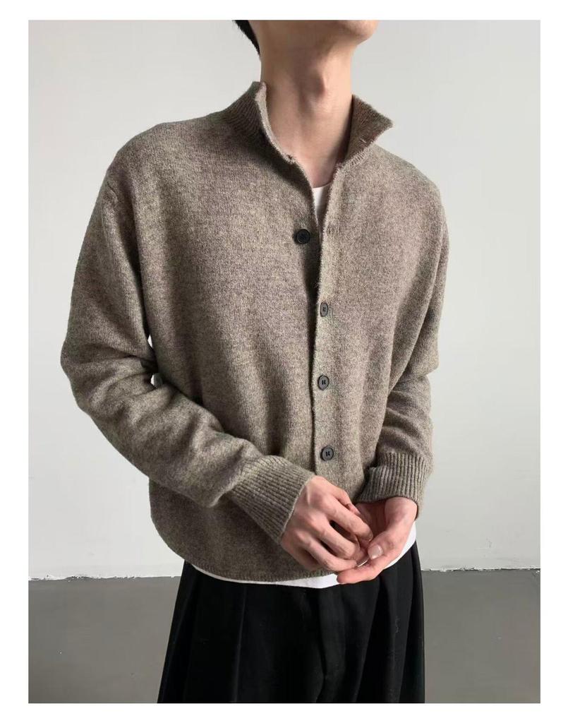 Men's Retro High-End Knit Cardigan - Autumn/Winter Korean Lazy Style, Versatile Stand Collar Couple Outerwear